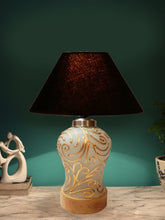 Conical Black Cotton Shade Lamp with Wood & Mosaic Glass Base